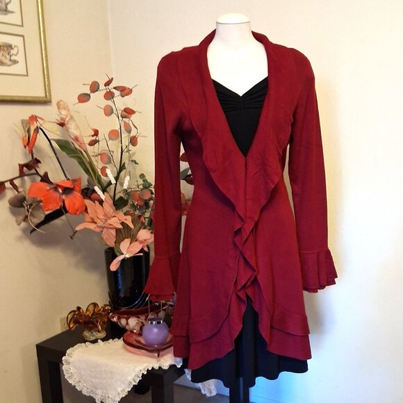 NWT Woman's Simon Chang Wine Burgundy Cardigan Coat Knit Long Outerwear - Picture 6 of 11